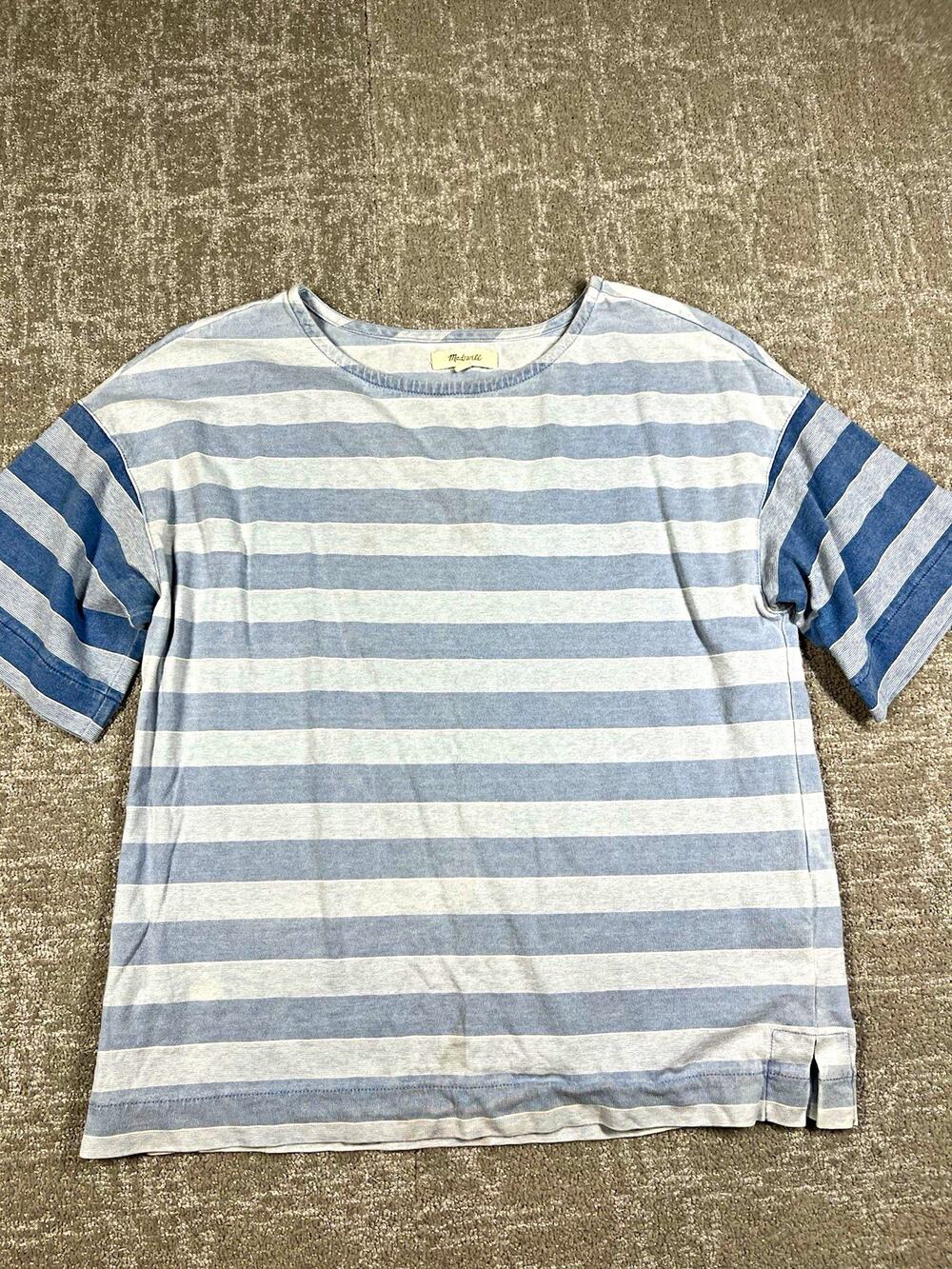 Madewell Blue White Striped Crewneck Short Sleeve Tee Relaxed Cotton Slit Small